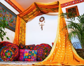 Boho bed canopy, Saree canopy frame with handcrafted walnut wood rods | bed curtains - Montessori bed - meditation space | bohemian bedroom