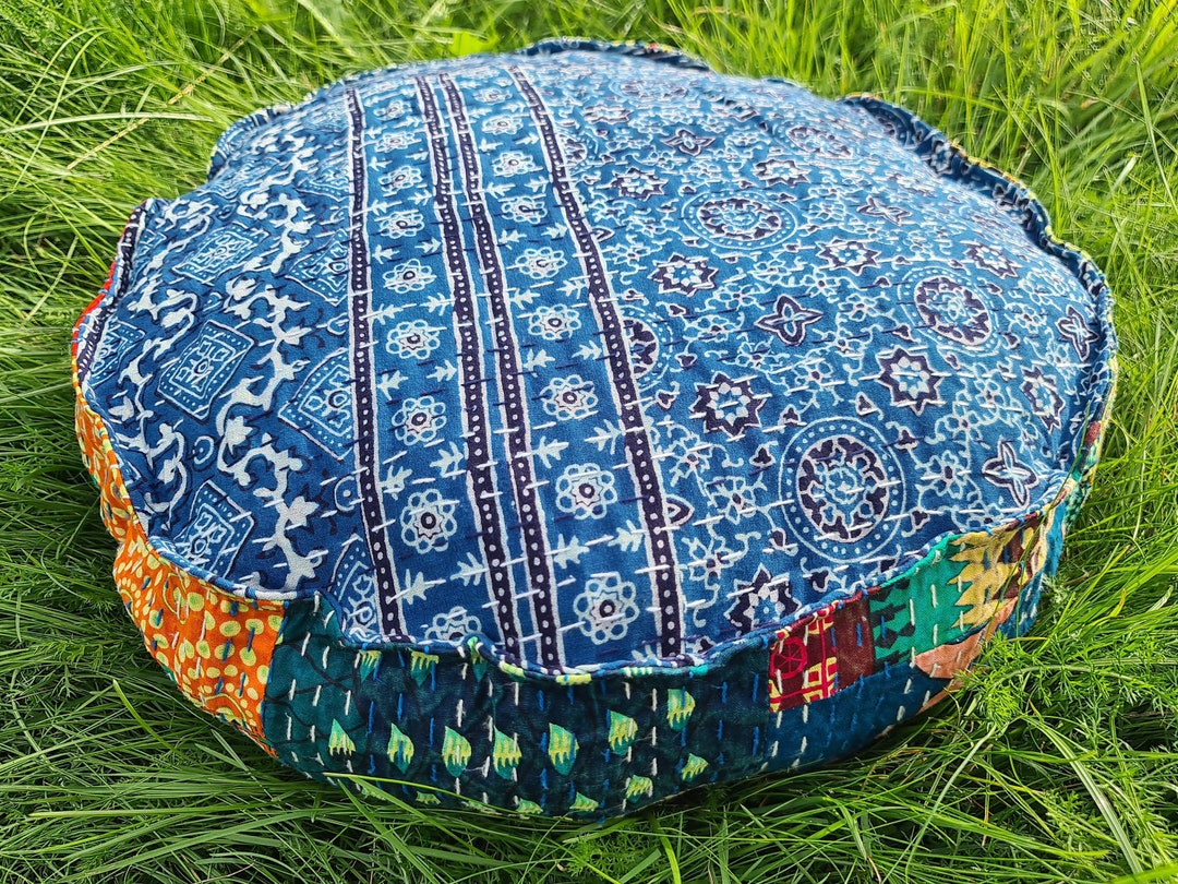 Round Meditation Cushion Cover Kantha Embroidery boho Floor Cushion