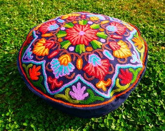 Poduszka do medytacji z Kaszmiru, ręcznie haftowana, okrągła poszewka na poduszkę w stylu boho do jogi i medytacji