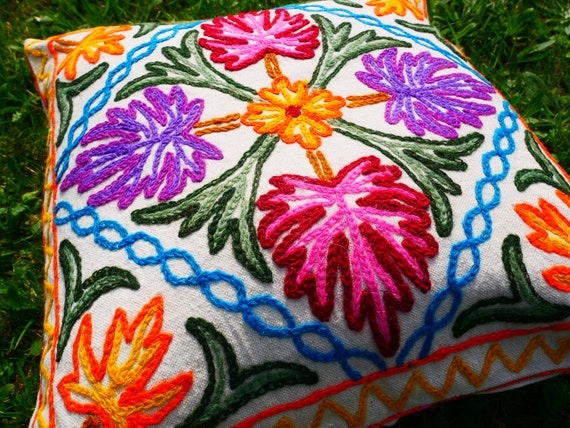 Kashmiri Style Embroidered Throw Pillows - 2 Colors Kashmiri Style Embroidered Throw Pillows - 2 Colors