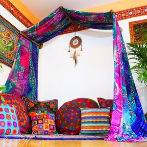 Saree bed canopy, boho canopy frame with handcrafted walnut wood rods | bed curtains - Montessori bed - meditation space | bohemian bedroom