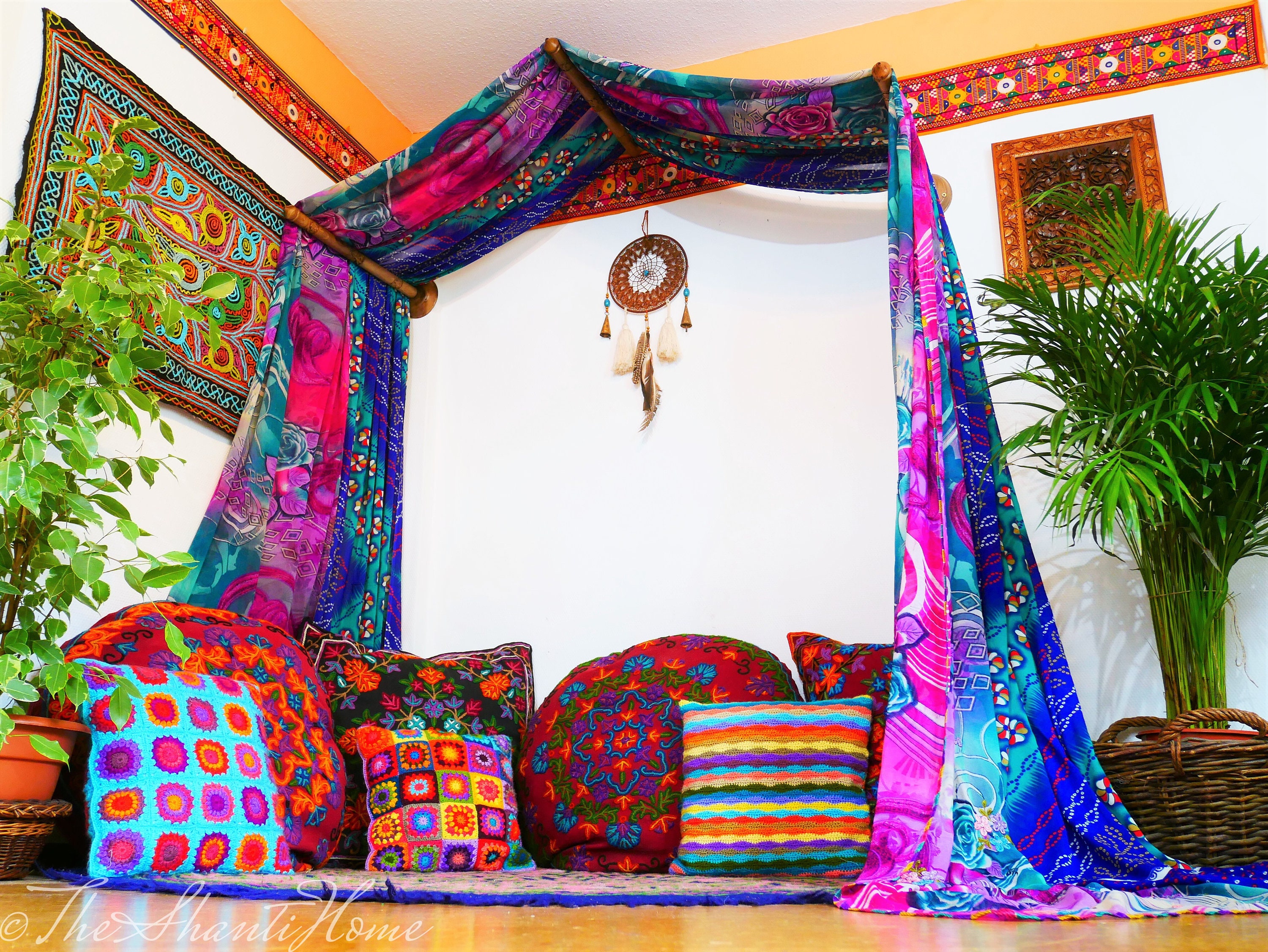Hippie Decor SET Floor Seating Area Boho Canopy With Decorative Cushions  and Floor Pillow Covers Unique Bohemian Decor Meditation Room 