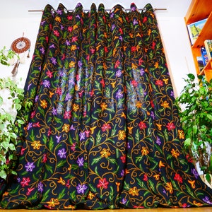 Embroidery curtain from Kashmir Boho style custom curtains | cotton and wool embroidered flower curtain - Hippie bedroom blackout curtains