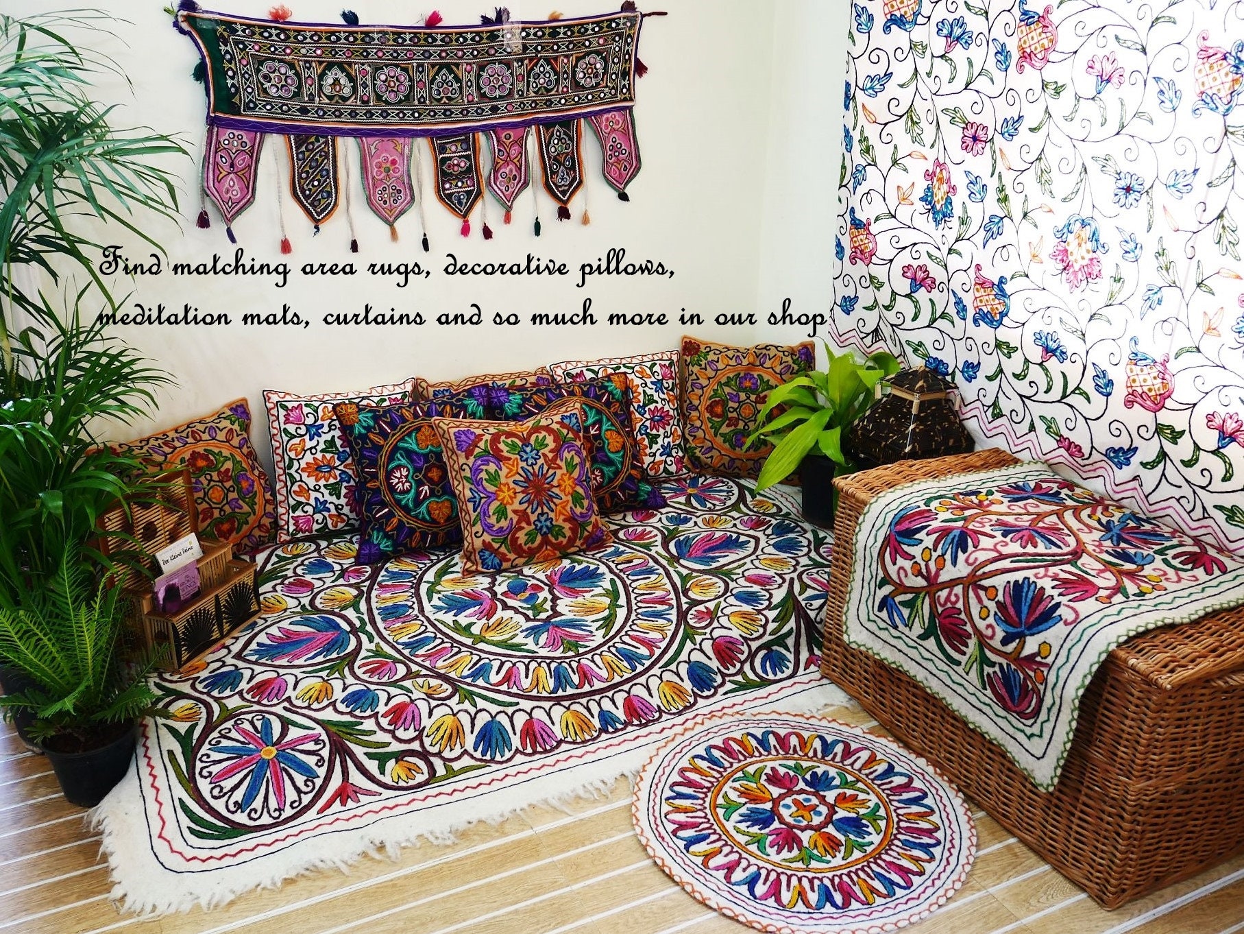 インドのウールカーペット - フェルトカーペット「Boho Garden インドのウールカーペット - フェルトカーペット「Boho Garden