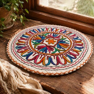 Puede incluir: Una alfombrilla redonda de tela color blanco roto con intrincados bordados a mano de colores. El diseño incluye una estrella naranja central rodeada de motivos florales en azul, rosa y verde, con un borde festoneado de hilos vibrantes.
