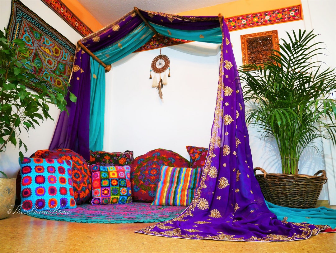 Boho bed curtains, Saree canopy frame with handcrafted walnut wood rods | bed canopy - Montessori bed - meditation space | bohemian bedroom 