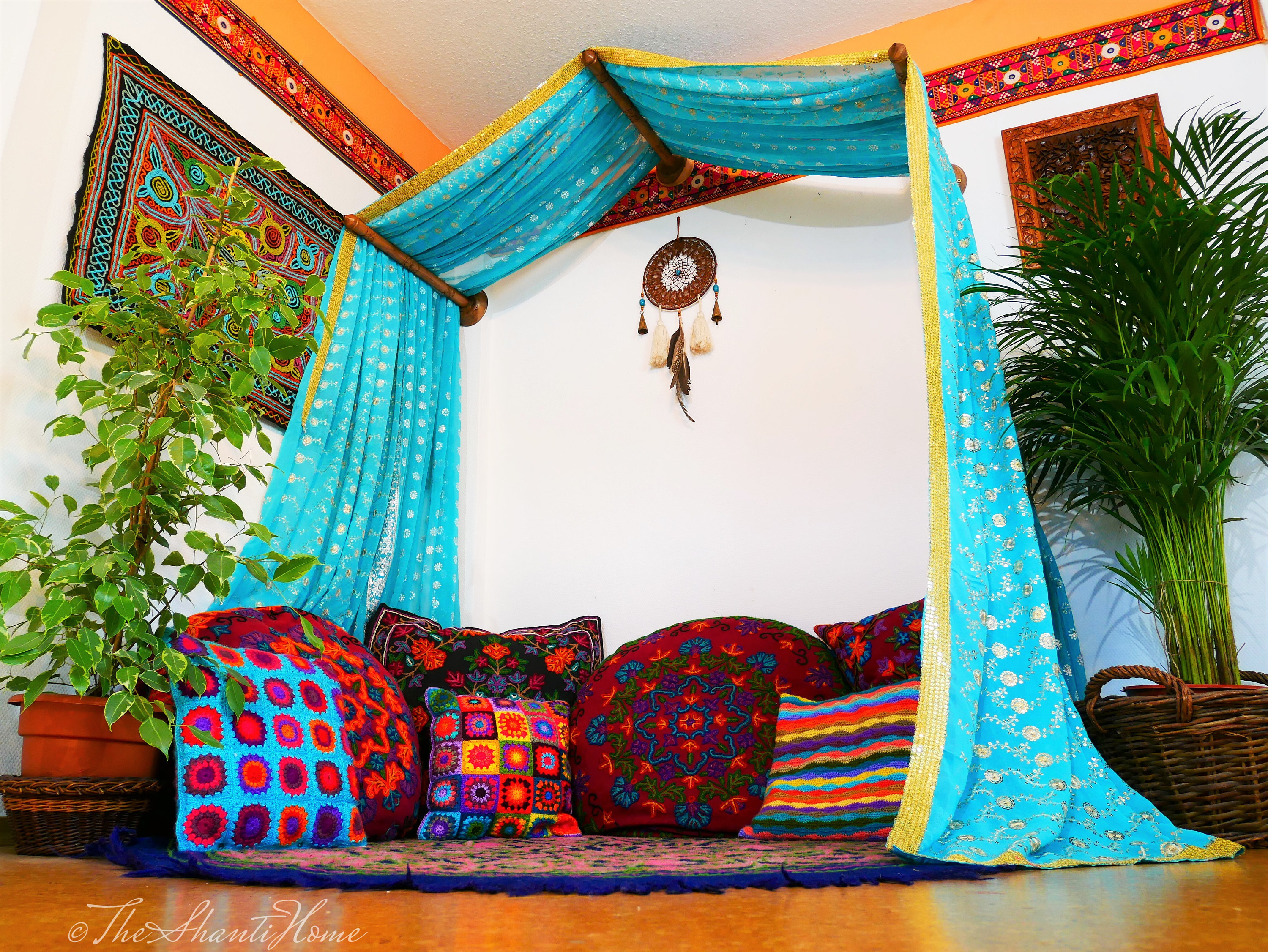 Boho bed canopy, Saree canopy frame with handcrafted walnut wood rods | bed curtains - Montessori bed - meditation space | bohemian bedroom