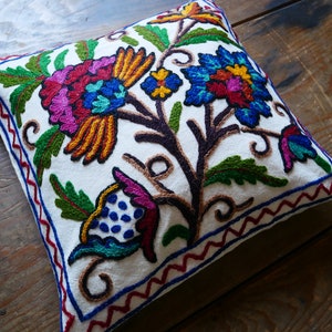 Handmade throw pillow Kashmiri flower embroidery cushion cover &quot;Duanz Dar&quot; colorful floral embroidered pillow case | Indian boho decor