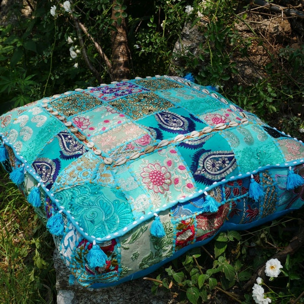 Floor cushion - bohemian decorative cushion cover | floor pouf | turquoise meditation cushion | large square floor pillow | Indian hippie