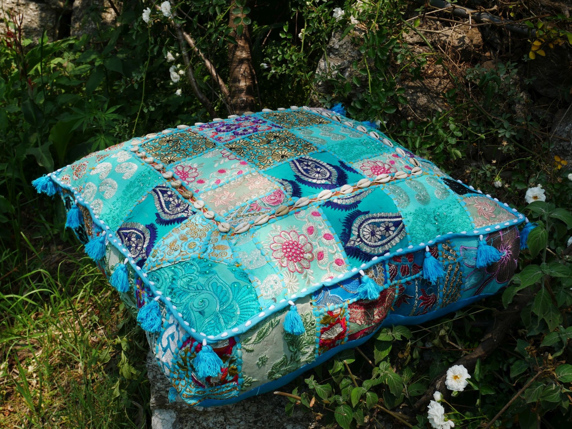 Copertura Per Cuscino Da Pavimento Etnica In Cotone, Ricamo A Specchio E Patchwork, Diametro 45 Cm (solo Fodera)