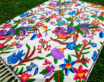 Boho Embroidery Tapestry Kashmiri Wall Hanging 3x5ft Hand-Embroidered Cotton and Wool Wall Decor