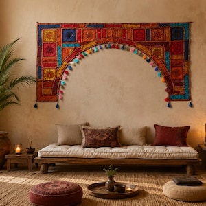 Toran en coton brodé à la main avec miroir | Décoration murale et de porte bohème colorée d'Inde | Ciel de lit en tissu vintage