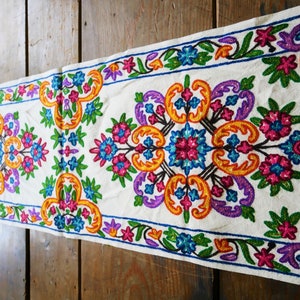 Boho table runner - Kashmiri Crewel embroidery | bohemian wall tapestry - hand embroidered table decor or colorful boho wall decor |