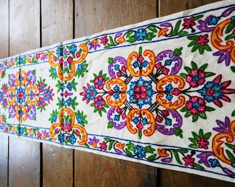 Boho table runner - Kashmiri Crewel embroidery | bohemian wall tapestry - hand embroidered table decor or colorful boho wall decor |