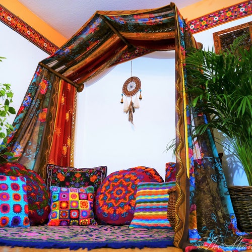 Boho Bed Canopy Saree Canopy Frame With Handcrafted Walnut Etsy