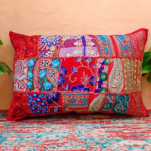 Boho cushion cover Indian throw pillow 24x16 colorful, decorative pillow case for bohemian decor | patchwork pillow hippie cushion COVER Red