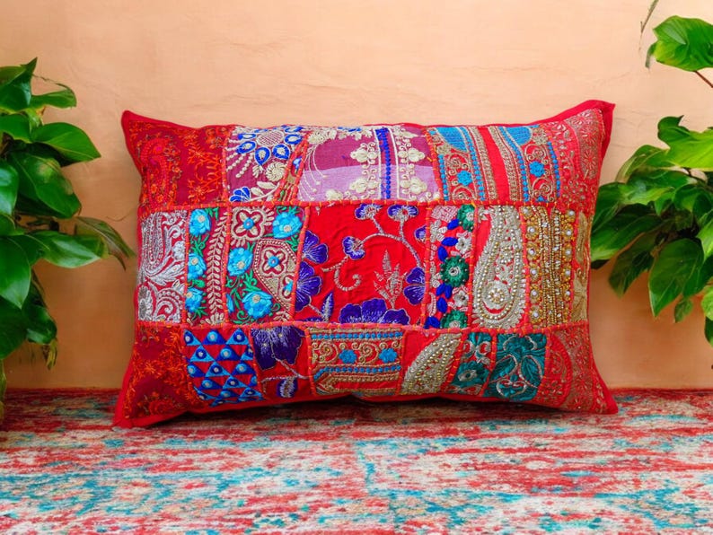 Boho cushion cover Indian throw pillow 24x16 colorful, decorative pillow case for bohemian decor | patchwork pillow hippie cushion COVER Red
