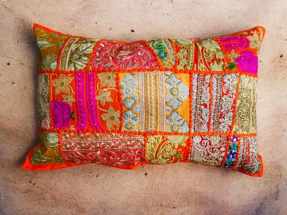 Panneau De Châle Indien Vintage En Soie Avec Broderie Orange Et Rouge