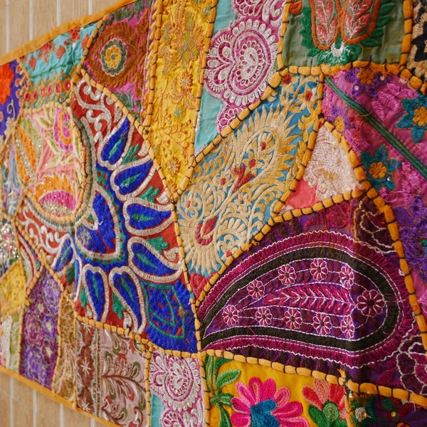 Tenture murale indienne vintage Sari Patchwork tapisserie Orient colorée Shanti Gypsy nappe décoration murale, boho, hippie, jaune, orange