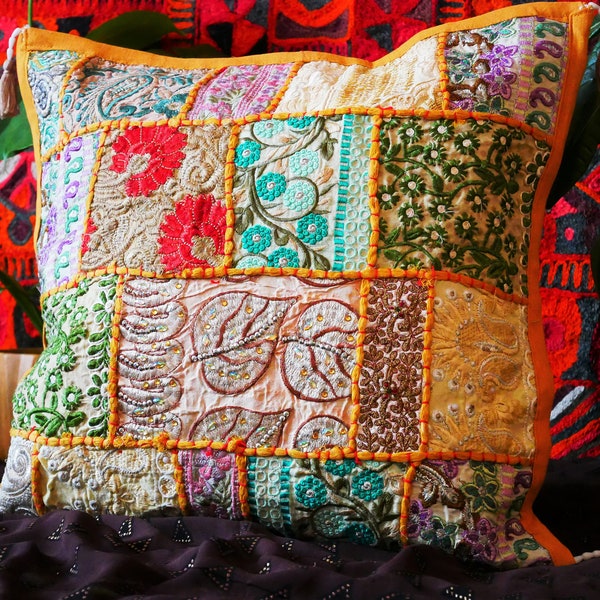 Funda de cojín Sari Cojín decorativo India | almohada boho almohada decorativa patchwork colorido | Hippie oriental indio | Regalo de yoga para ella.