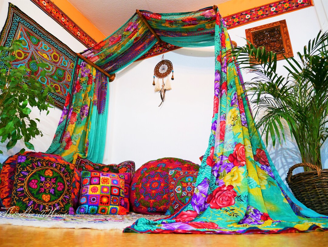 Hippie Bed Canopy Saree Canopy Frame With Handcrafted Walnut Wood Rods