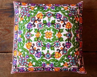 Large Kashmiri pillow cover 24x24" embroidery cushion cover | boho floor seating area - meditation room decor | Cover only