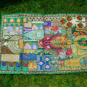 Colorful wall decor Indian wall tapestry | Hippie patchwork wall hanging - yoga or medtation room decor | handmade saree wall hanging Green