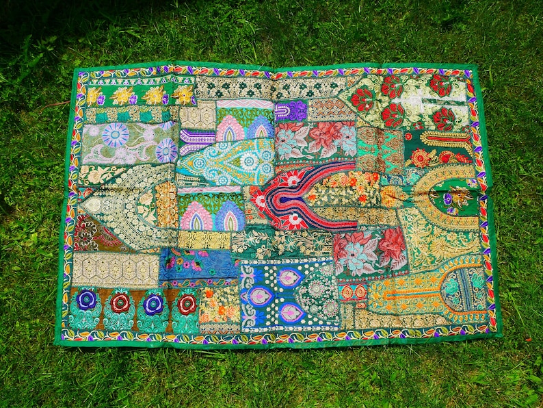 Colorful wall decor Indian wall tapestry | Hippie patchwork wall hanging - yoga or medtation room decor | handmade saree wall hanging Green