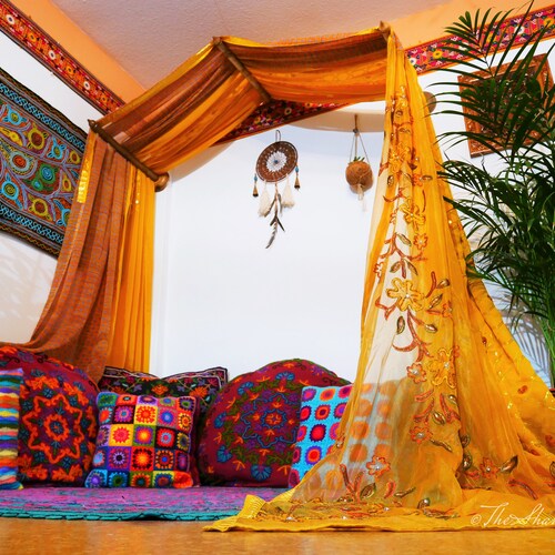 Boho Bed Canopy Saree Canopy Frame With Handcrafted Walnut Etsy