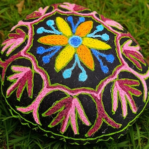 Kashmiri floor pillow - hand felted meditation cushion cover | optional buckheat filling | embroidered round floor pouf boho floor seating
