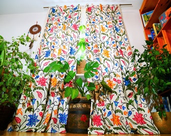 Kashmiri handbestickter Vorhang - Individuelle Länge - Baumwolle mit Wolle bestickt Blumen Design Vorhang für Wohzimmer oder Schlafzimmer