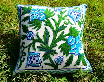 Hand Embroidered Kashmiri Cushion Cover, Floral Boho Pillow Cover, Colorful Hippie Home Decor, Handmade Embroidery from India