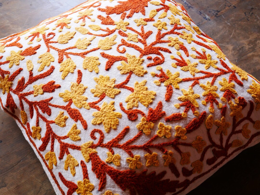Set of 2 Kashmiri Pillow Covers Boho Throw Pillows Handmade Floral Wool Embroidery Cotton and