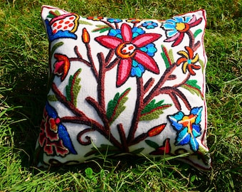Kashmiri flower throw pillow Embroidery cushion cover "Duanz Dar" colorful floral embroidered pillow case | Indian boho decor