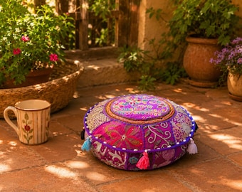 Poduszka podłogowa Boho Patchwork do medytacji - Poduszka na siedzisko - Pokrowiec | Poduszka do medytacji | Orientalna okrągła poduszka dekoracyjna Hippie | Tylko pokrowiec