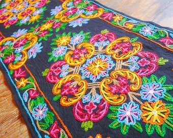 Boho table runner - Kashmiri Crewel embroidery | bohemian wall tapestry - hand embroidered table decor or colorful boho wall decor |