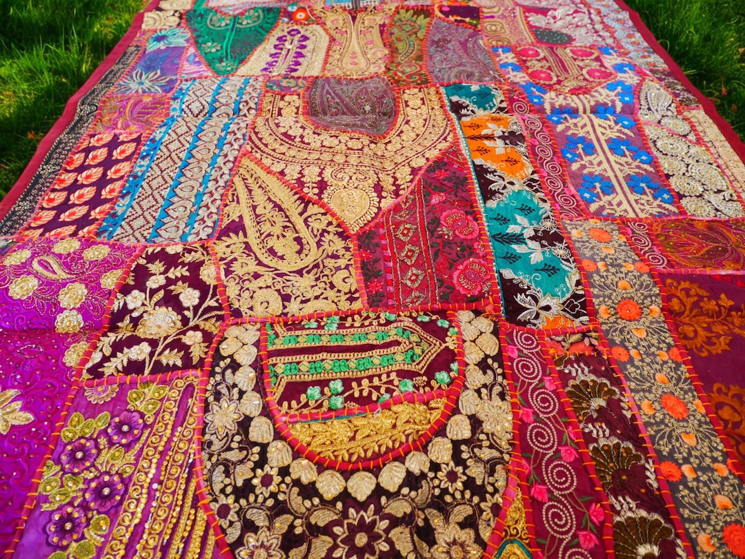 インドの壁掛け、ヴィンテージサリーパッチワークタペストリー、東洋の