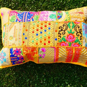 Boho cushion cover Indian throw pillow 24x16 colorful, decorative pillow case for bohemian decor | patchwork pillow hippie cushion COVER Yellow