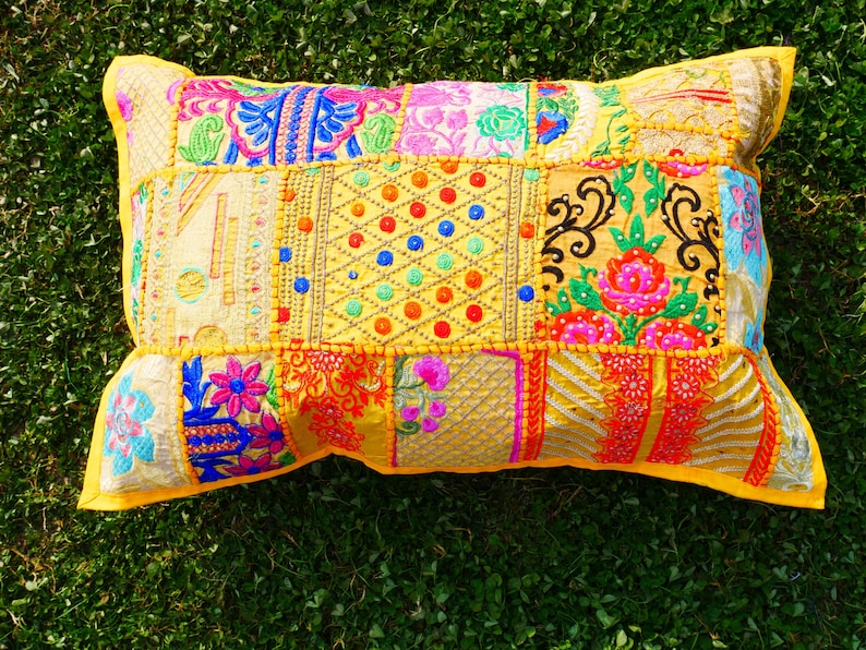 Boho cushion cover Indian throw pillow 24x16 colorful, decorative pillow case for bohemian decor | patchwork pillow hippie cushion COVER Yellow