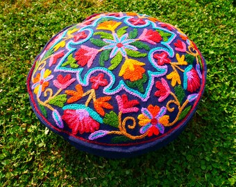 Kashmiri Meditation cushion Embroidery floor pillow cover, Hand embroidered flower Mandala - boho hippie floor seating | Cover only