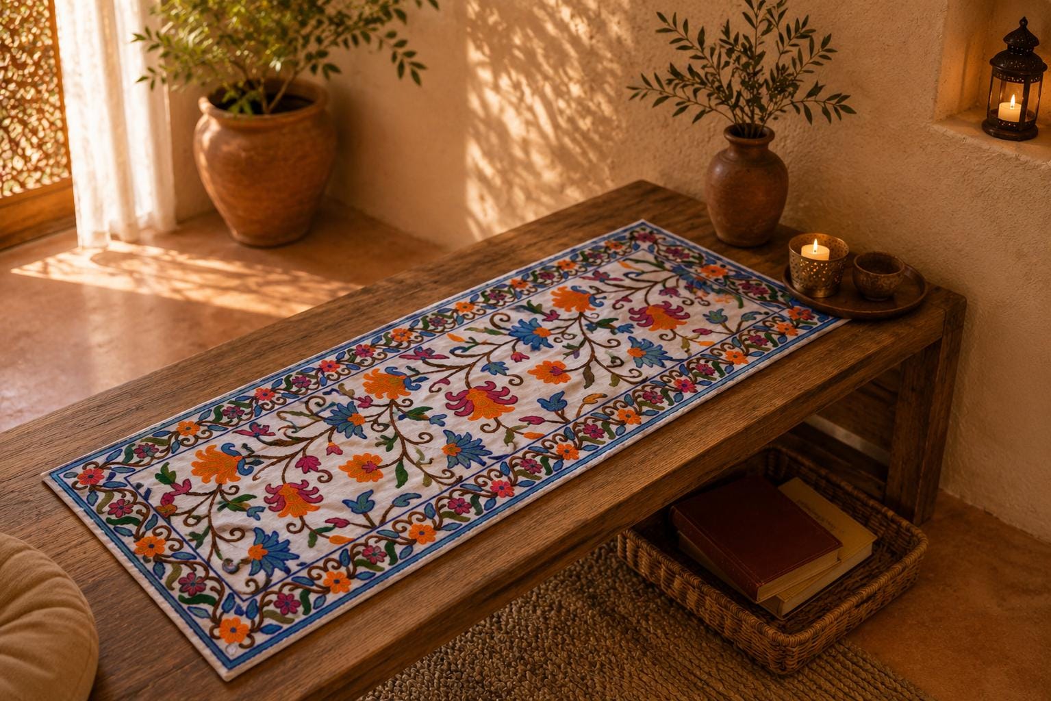 table runner 金彩扇面散らし　帯リメイク 長長尺　正絹 Kashmiri Table Runner & Wall Hanging – Hand Embroidered Crewel