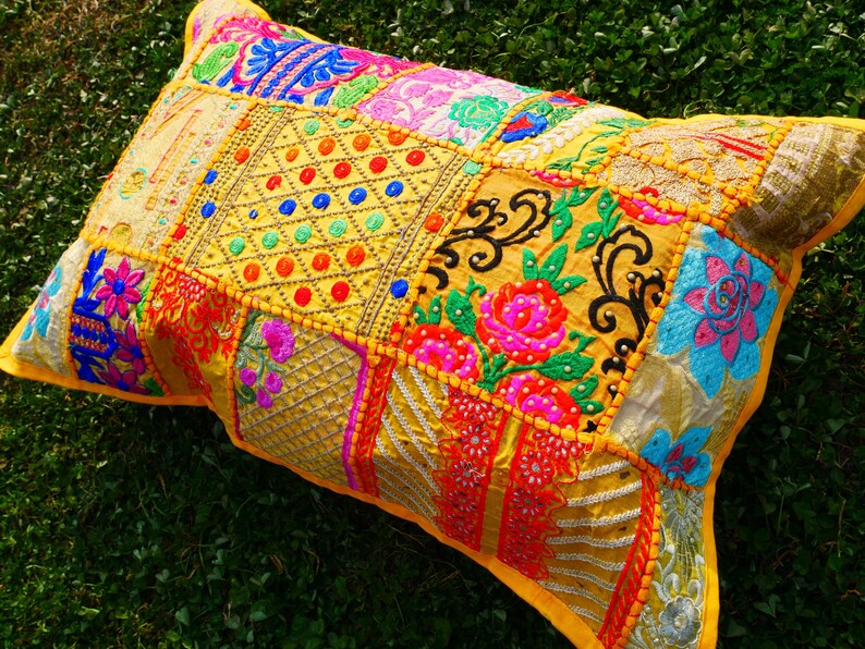 Boho cushion cover Indian throw pillow 24x16 colorful, decorative pillow case for bohemian decor | patchwork pillow hippie cushion COVER image 9