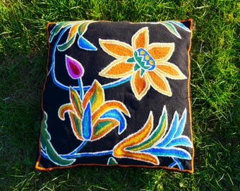 Embroidery Pillow Kashmiri Magic: Hand-Embroidered Throw Pillow Cover for boho style home decor - Indian handmade cushion cover