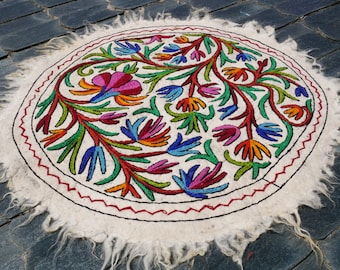 Tapis rond en laine - tapis en feutre brodé main Tapis Cachemire Namda - tapis de méditation - tapis de yoga cadeau pour sa décoration bohème chic