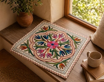 Handmade Felted Wool Seat Pad – Embroidered Kashmiri Namda Floor mat 22"