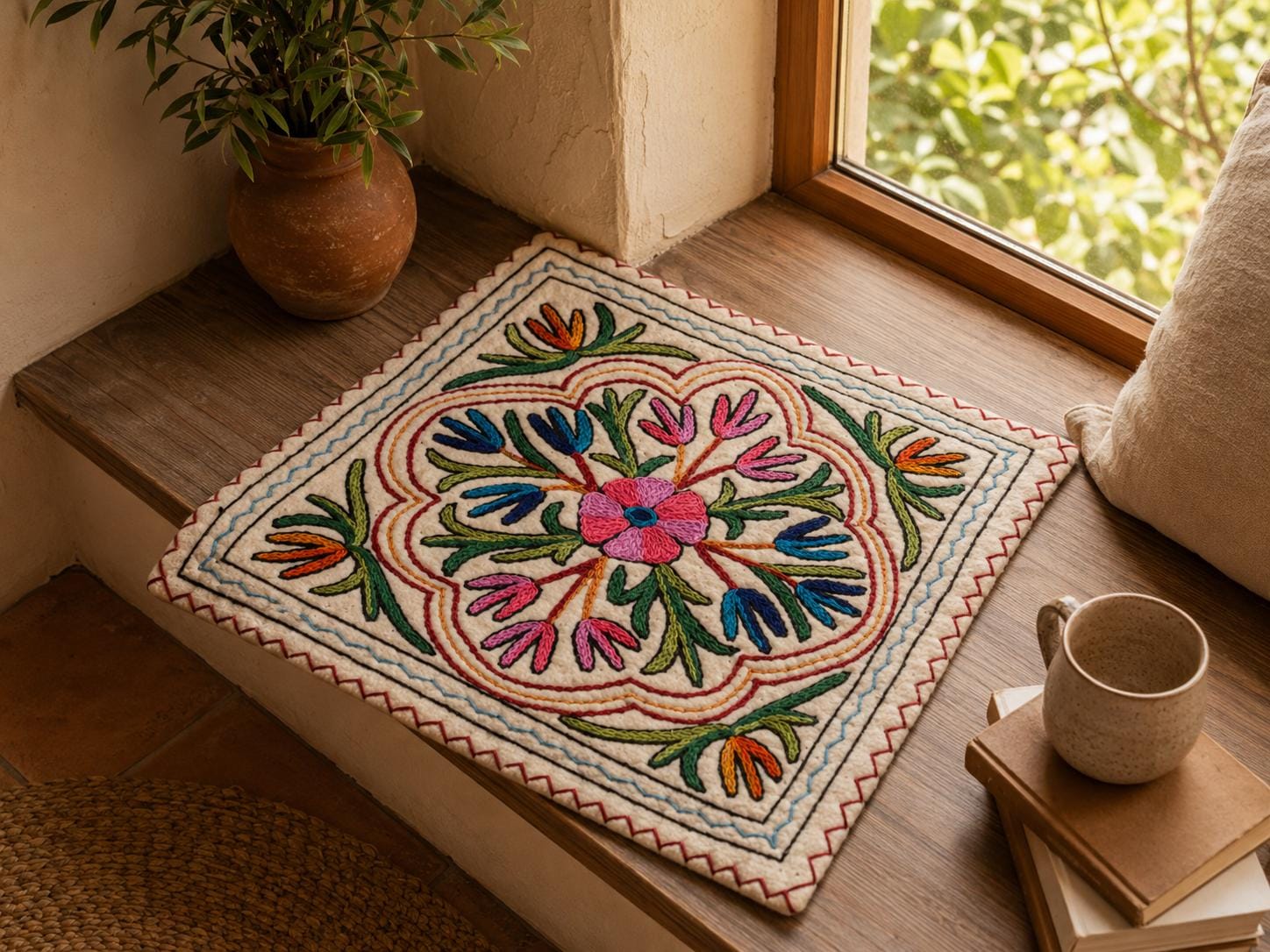 ヴィンテージ ラグ カシミール産 フェルト刺繍マット ミニラグ 敷物 インテリア フロアマット - 瞑想マット - 小さな手織りフェルト刺繍ラグ
