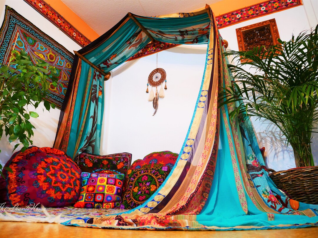 Hippie Bed Canopy Saree Canopy Frame With Handcrafted Walnut Wood Rods