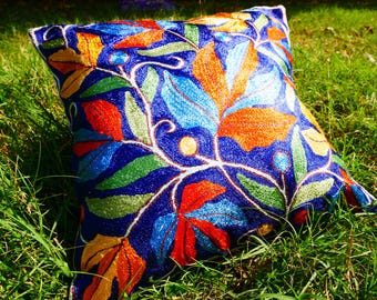 Boho pillow Silk embroidery cushion cover from Kashmir | Handmade throw pillow | colorful bohemian decor handmade