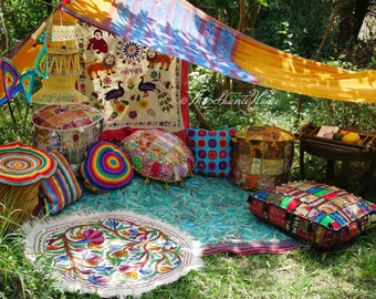 Hippie decor SET floor seating area | Boho canopy with decorative cushions and floor pillow covers | unique bohemian decor  meditation room