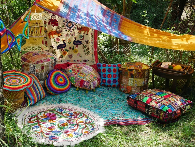 Hippie decor SET floor seating area | Boho canopy with decorative cushions and floor pillow covers | unique bohemian decor  meditation room  